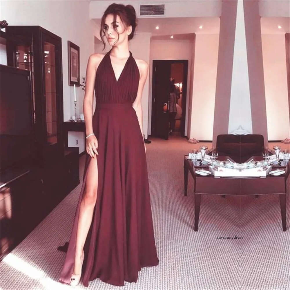 Sexy Split Bury Evening Halter V Neck Bridesmaid Dresses A Line Chiffon Long Party Dresses Prom Gowns High Slit Customize 0510