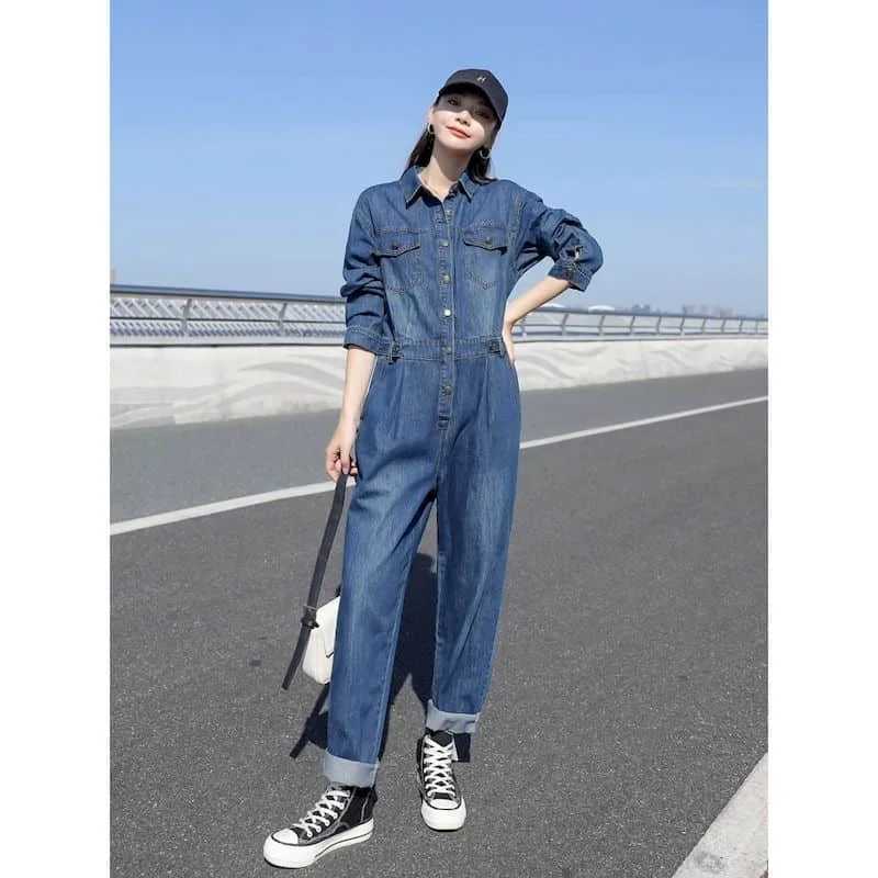 Women's Jumpsuits Rompers Oversized Denim Jumpsuits for Women Blue Denim Long Slved Loose Playsuits High Waist Casual One Piece Outfits Women Ove