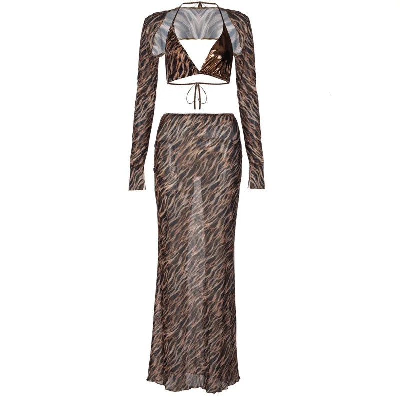 Leopard LaceUp 3 Peice Matching Suit Women Summer Long Sleeve Bikini Crop Tops And Patchwork Skirt Swimwear 240510