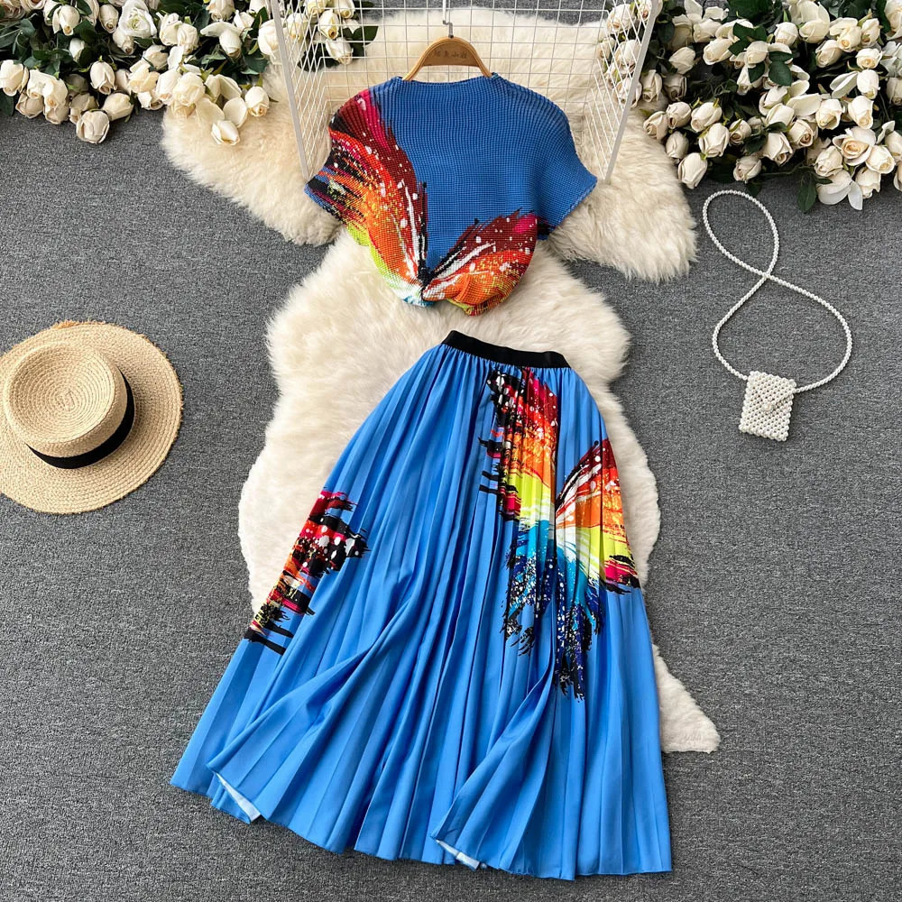 Summer Runway Flower Skirt Suit Womens Stretch Colorblock Knit Top High Waist Floral Printed Skirt Holiday Two Piece Set 240509