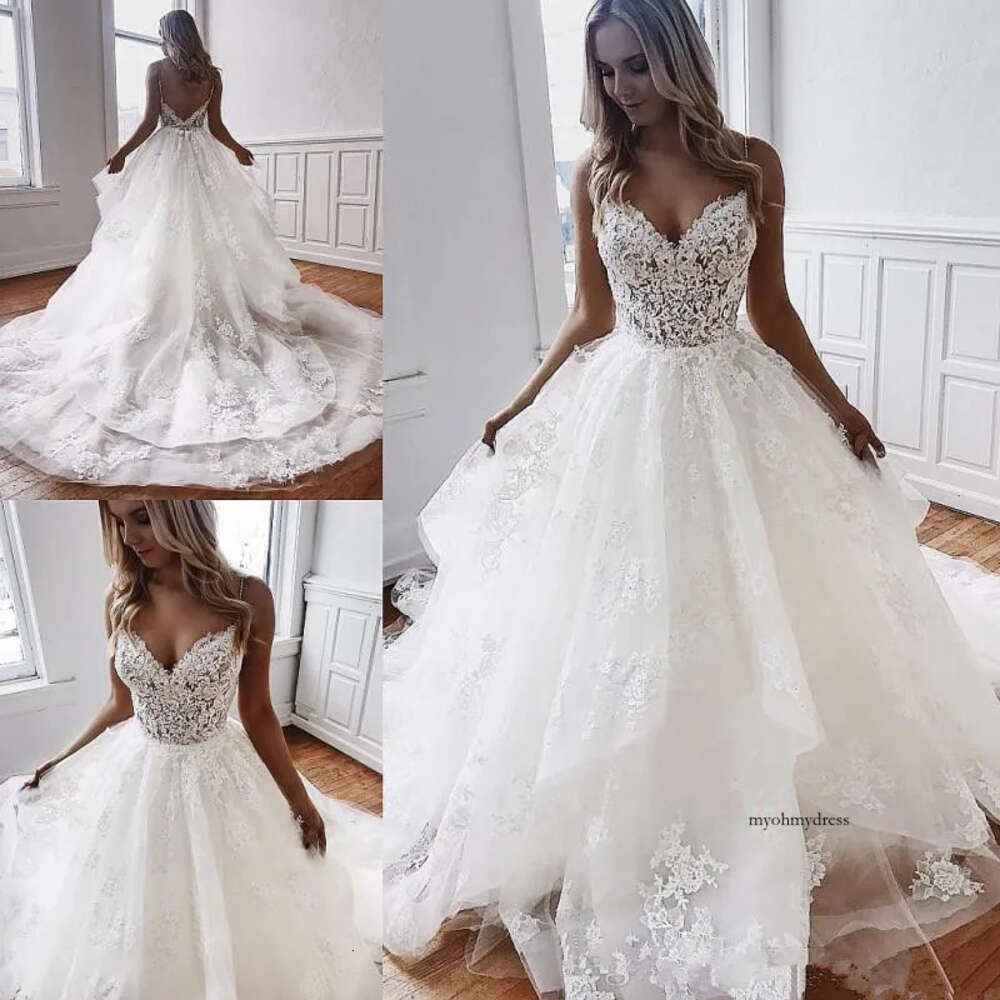 African Sexy Spaghetti Strap Tulle Wedding Dresses Custom Court Train Applique Ball Gown Lace Backless Bridal Gowns Vestido De Novia Q129 0510