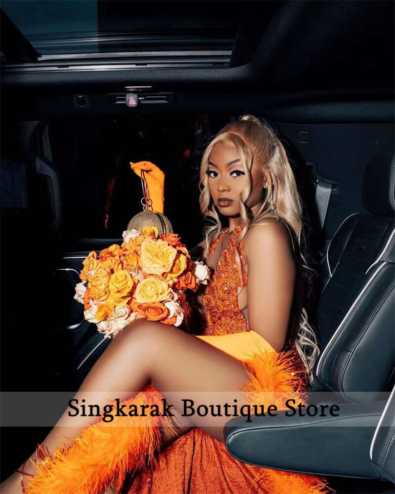 Sparkly Orange Dias Prom Dress 2024 Glitter Crystal Beads Rhies Sequins Gown Feathers special Party