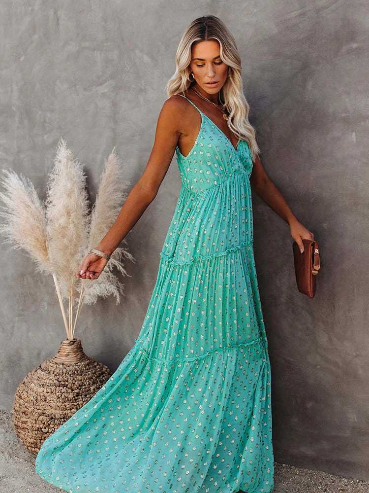 Basic Casual Dresses Fitshinling V Neck Boho Summer Long Dress Holiday Beach Pareo Spaghetti Strap Sexy Maxi Dresses Women Clothing Bohemian Vestidos 
