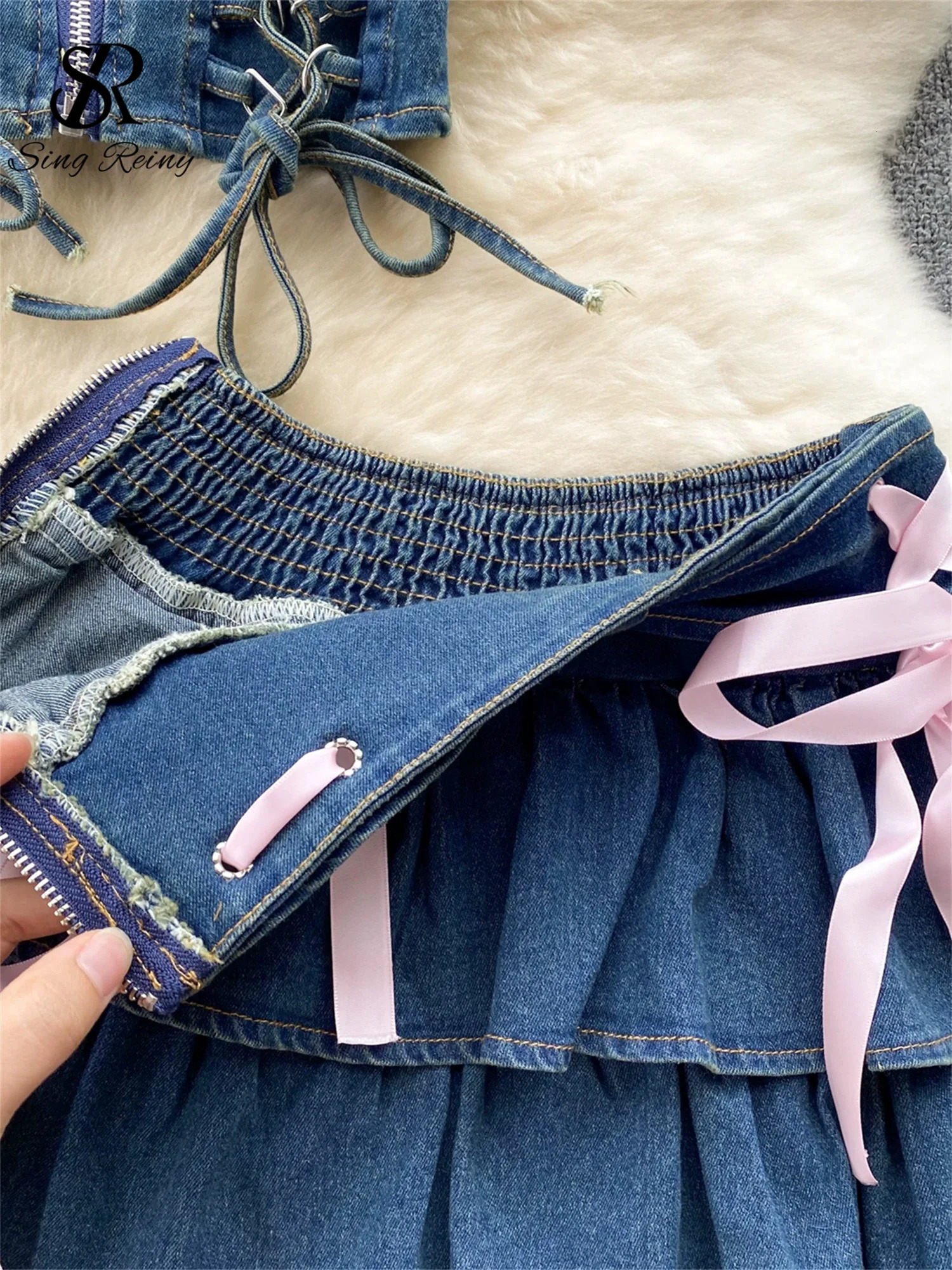 SINGREINY sweet Denim Two Pieces Sets Zipper Strapless Y2K TopElastic Mini Culottes Lace Up Cross Bandage Streetwear Suits 240423