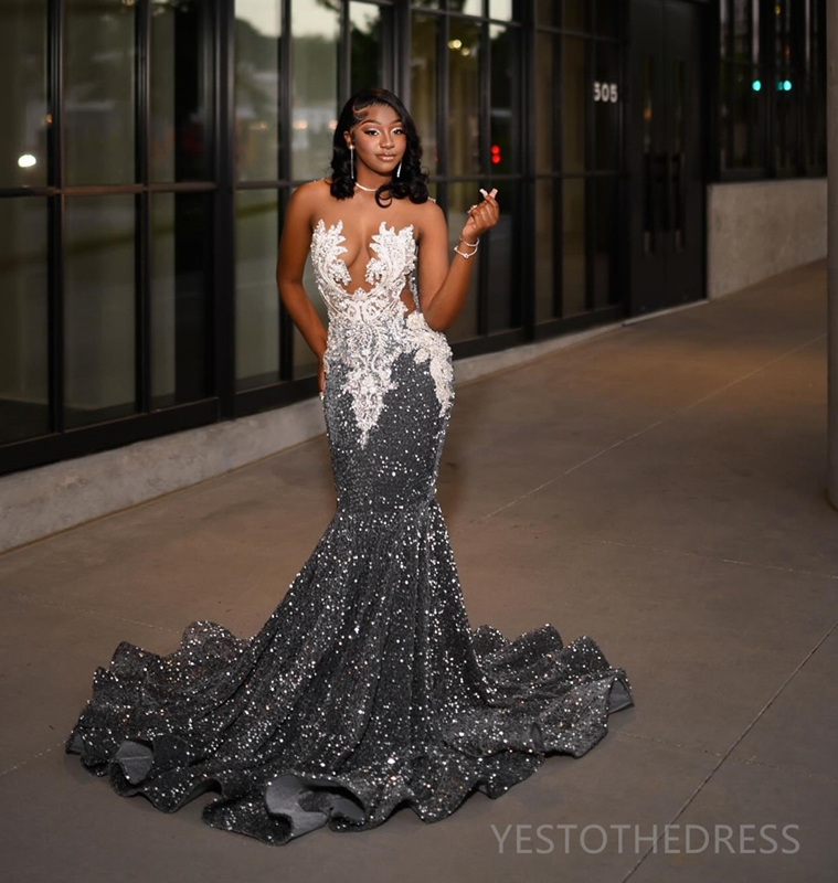 Grey Prom Dresses for Special Occasions Promdress Illusion Appliqued Beaded Sequined Lace Birthday Party Dress Second Reception Gowns for Black Women 