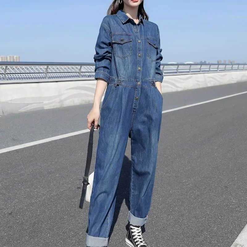 Women's Jumpsuits Rompers Oversized Denim Jumpsuits for Women Blue Denim Long Slved Loose Playsuits High Waist Casual One Piece Outfits Women Ove
