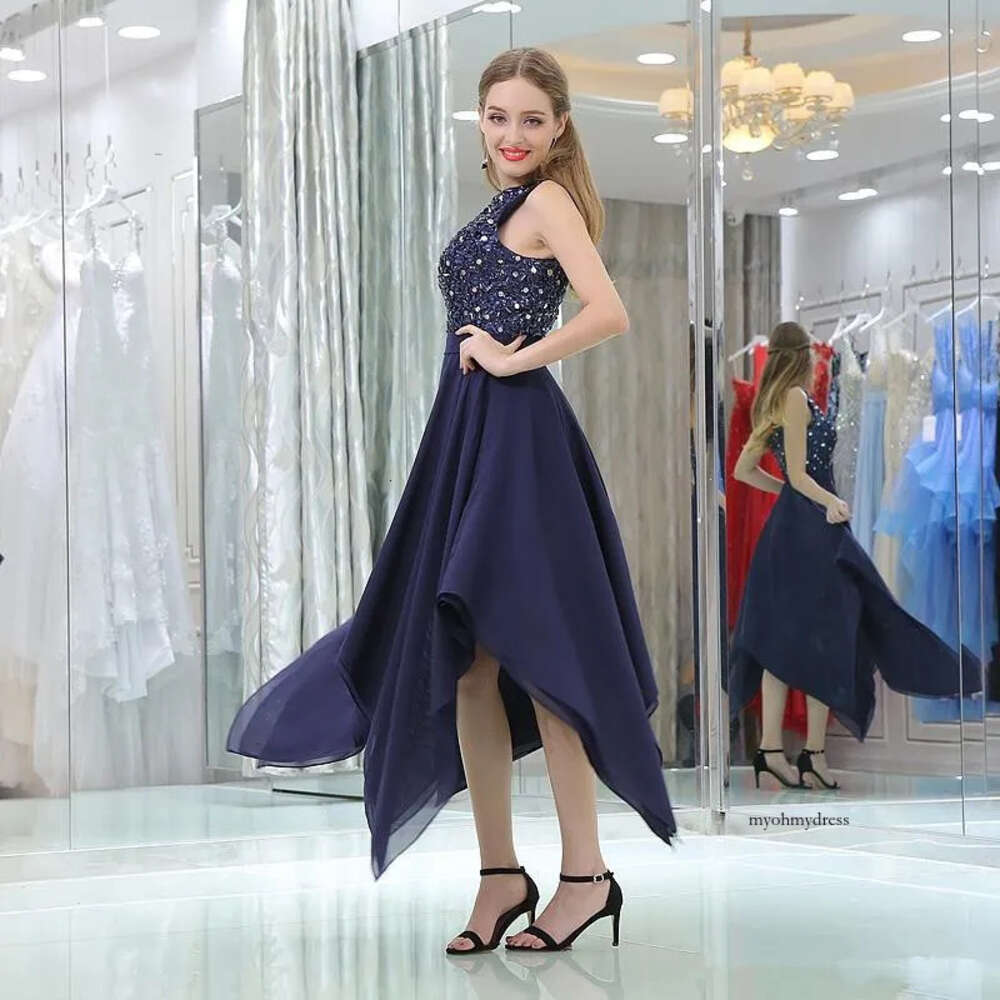 Bridesmaid Asymmetrical Tail Pro Chiffon Sleeveless Scoop Neck Beading Crystal Formal Party Dresses Custom Made 85 0510