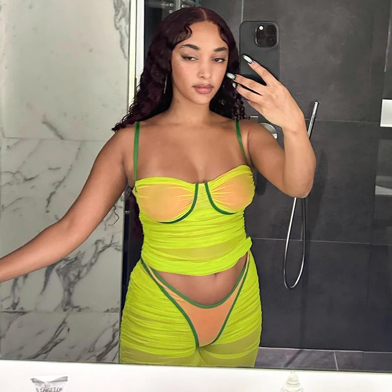 BUILDINGB 2024 Spaghetti Strap Bodycon Sexy Dress Set Sleeveless Top And Skirt Summer Set Two Piece Mesh Patchwork Transparent C 240510