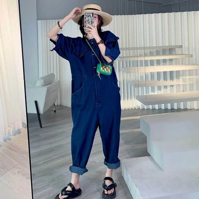 Women's Jumpsuits Rompers Denim Jumpsuits for Women Doll Collar Half Slved Korean Style Overalls Solid Workwear Women Rompers Casual Vintage Play