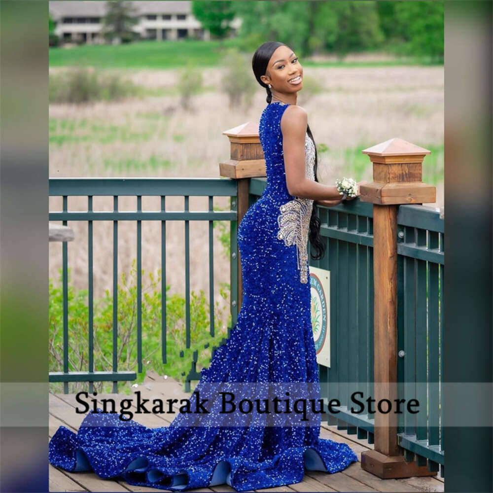Sparkly Royal Blue Dias Long Prom Dress For Black Girls Rhies Sequined special Dresses Beaded Birthday Party Gowns