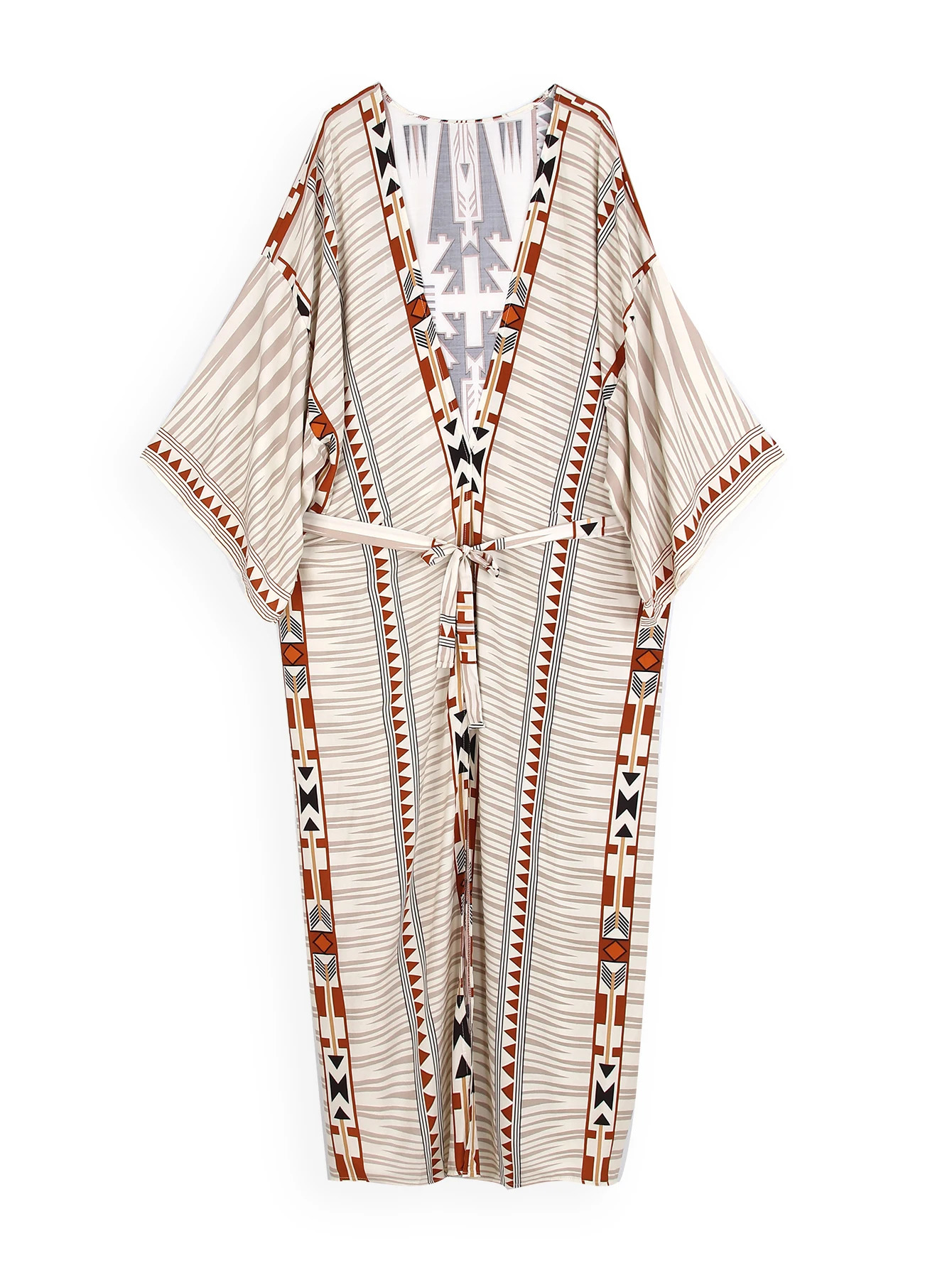 Bohemian Printed Bikini Coverups Elegant Self Belted Kimono Dress Tunic Women Plus Size Beach Wear Swim Suit Cover Up Q1228 240418