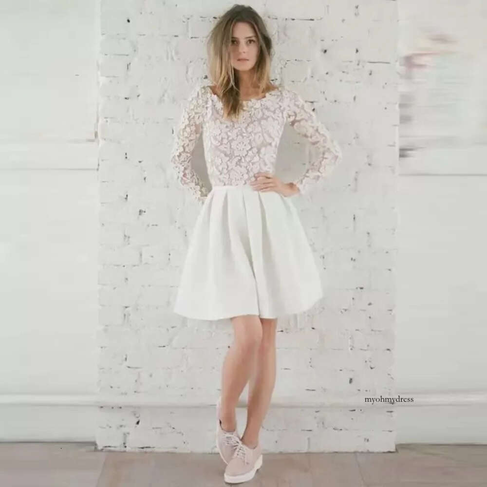 Modern Sexy Short Gowns A-Line Wedding Dresses Lace Backless Bridal Special Ocn Tail Long Sleeves Jewel Neck Knee Length M47 0510