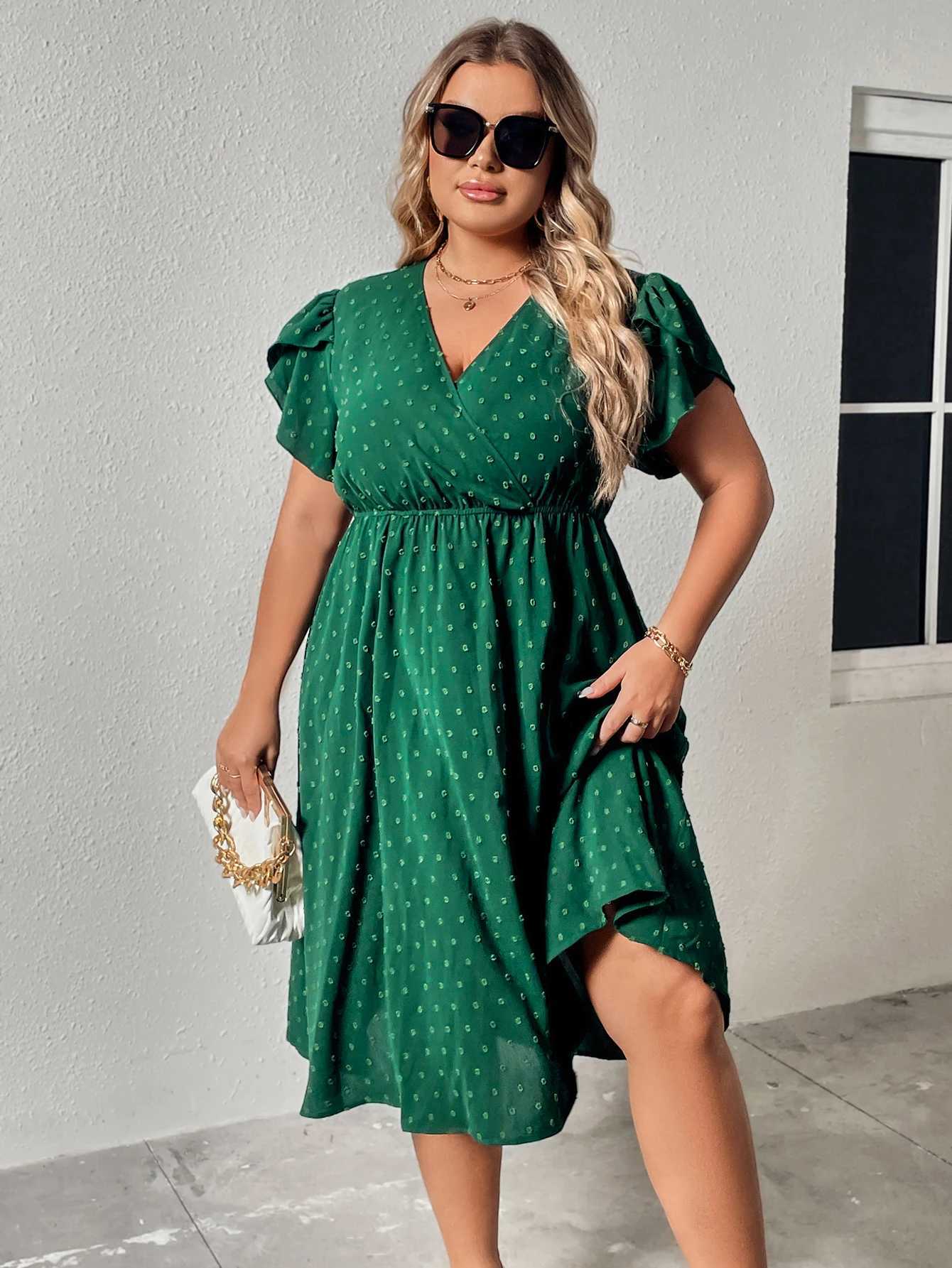 Plus size Dresses Plus Size Surplice Neck Swiss Dot A-Line Dress Women Vacation Casual Summer Boho Elastic Waist Large Size Elegant Midi Dresses Y2405