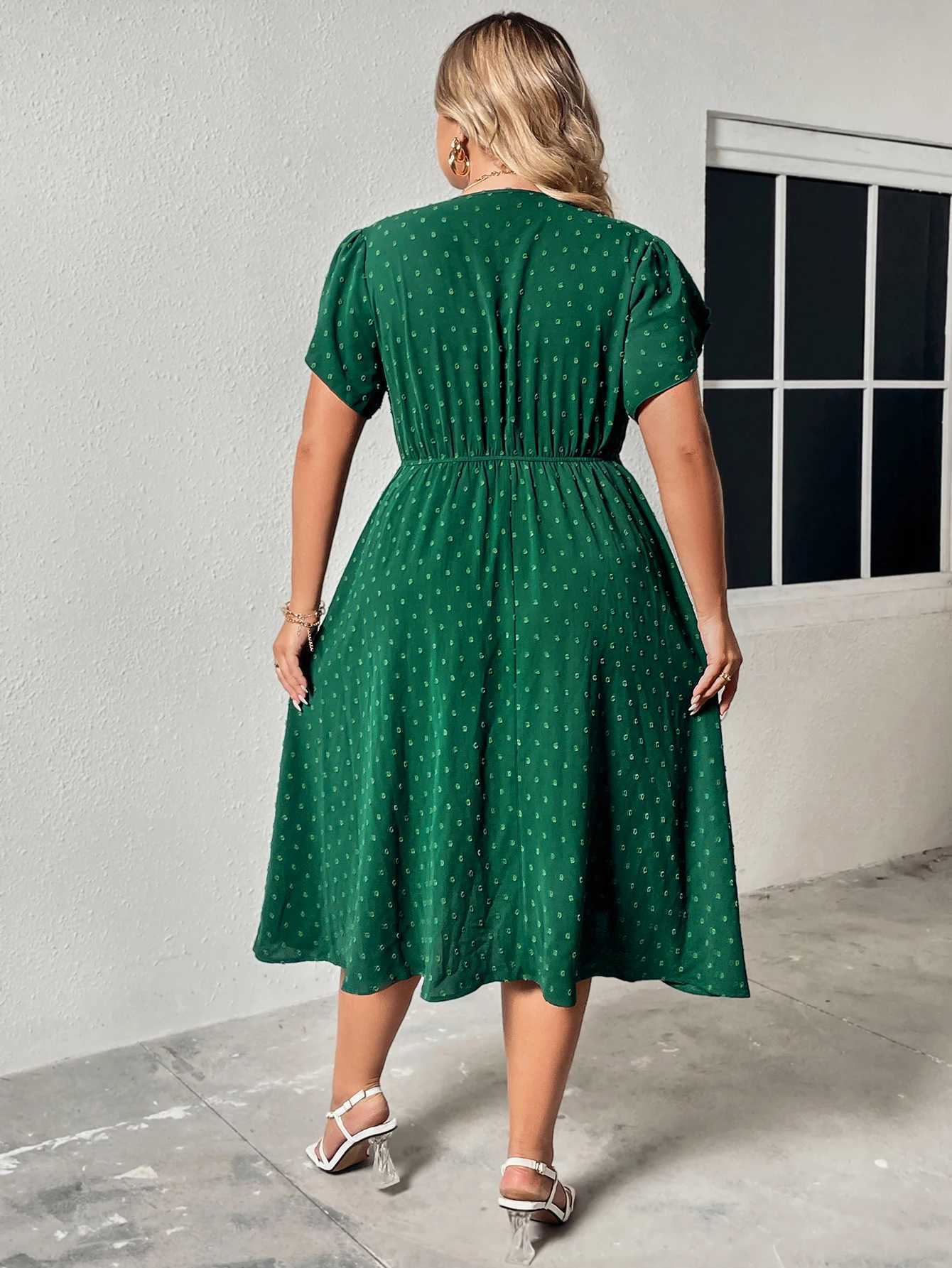 Plus size Dresses Plus Size Surplice Neck Swiss Dot A-Line Dress Women Vacation Casual Summer Boho Elastic Waist Large Size Elegant Midi Dresses Y2405