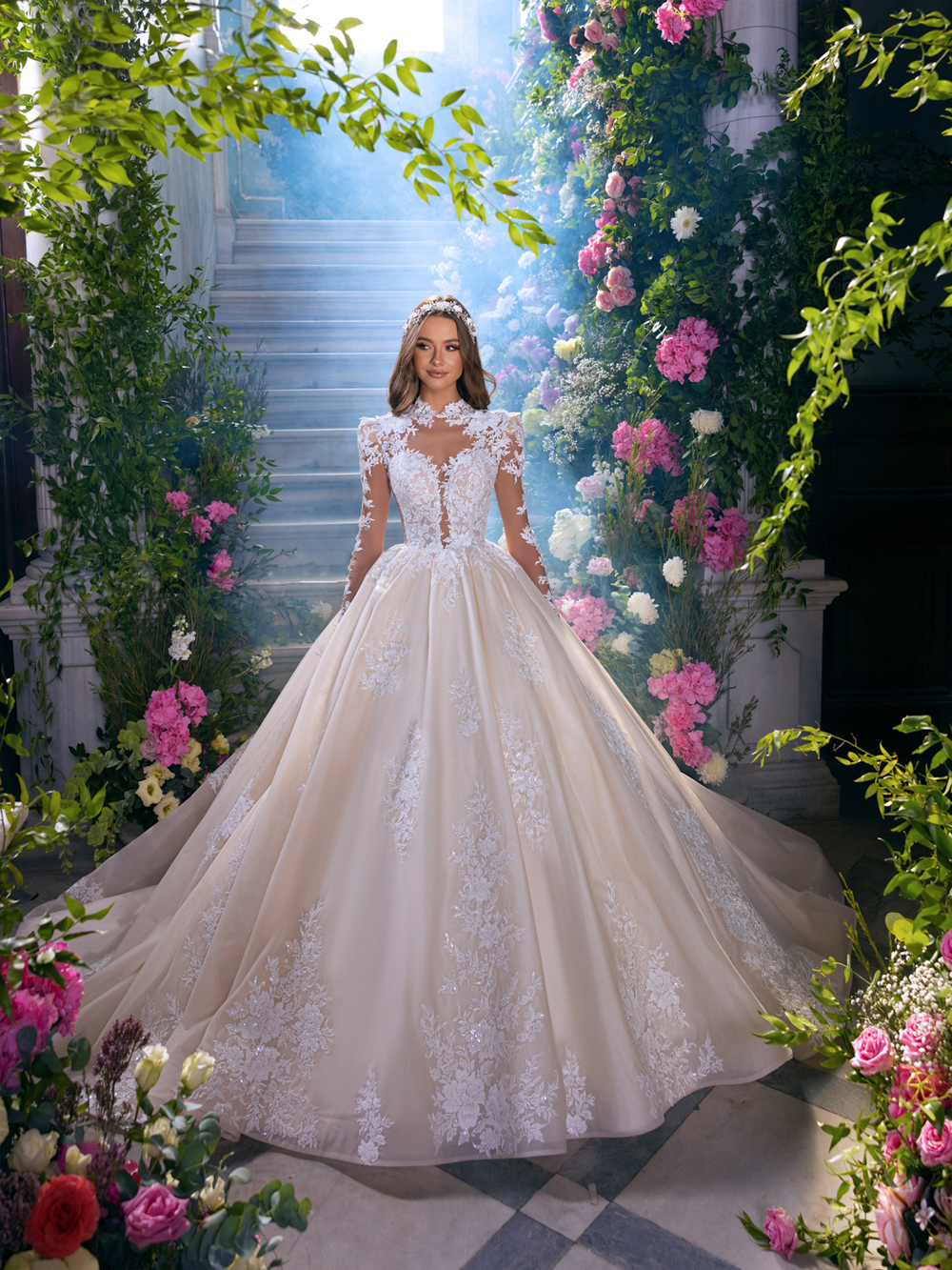 Beauty Floral Prints High Collar Ball Gown Wedding Dress Delicate Beading Pearls Embroidery Full Sleeves Bridal Gowns New Arrival