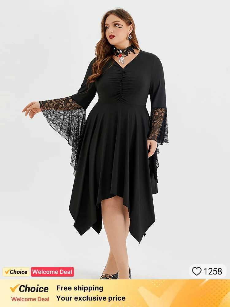 Plus size Dresses Plus Sized Clothing Hallown Cosplay Come Witch Vampire Gothic Dress Up Party Lace Asymmetrical Hem Vintage Dress Y240510