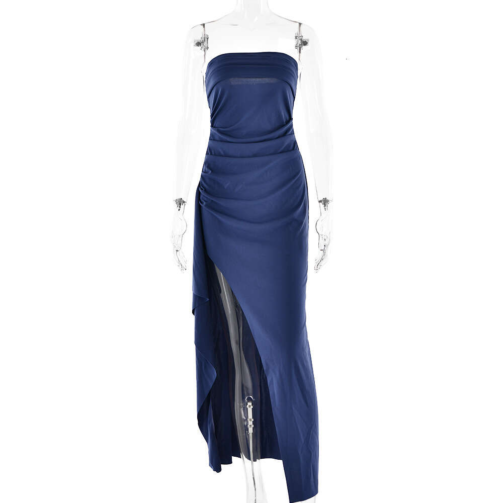 Evening women's one line neckline strapless dress, fashionable and sexy backless high slit long skirt, autumn F51044