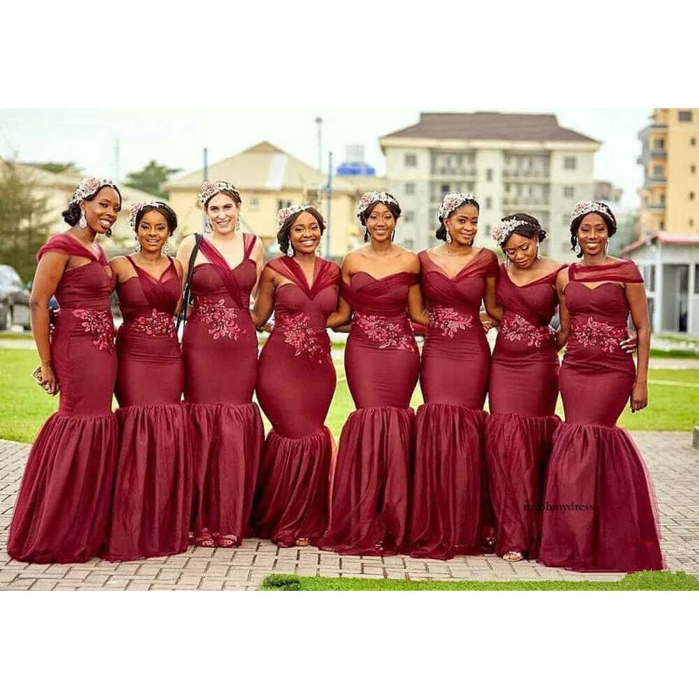 Black Girls African Mermaid Convertible Bridesmaid Dresses Dark Red Plus Size Lace Applique Beads Wedding Maid Of Honor Dress Q75 0510