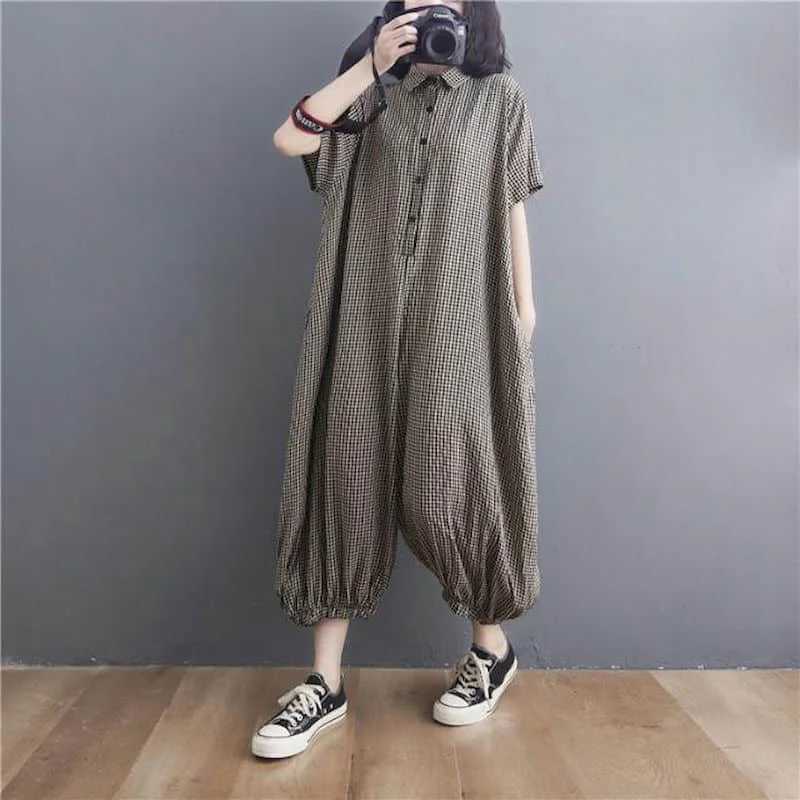 Women's Jumpsuits Rompers Cotton Linen Jumpsuits Casual Summer Polo-neck Plaid Short Slve Korean Fashion One Piece Outfits Women Clothing Loose R