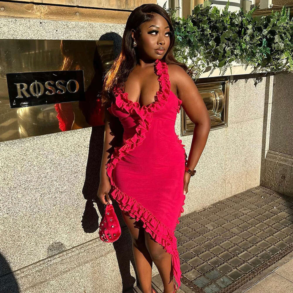 Summer New V-Neck Strap Dress Women's Fashion Sexy Open Back Panel Ruffle Short Skirt F51047