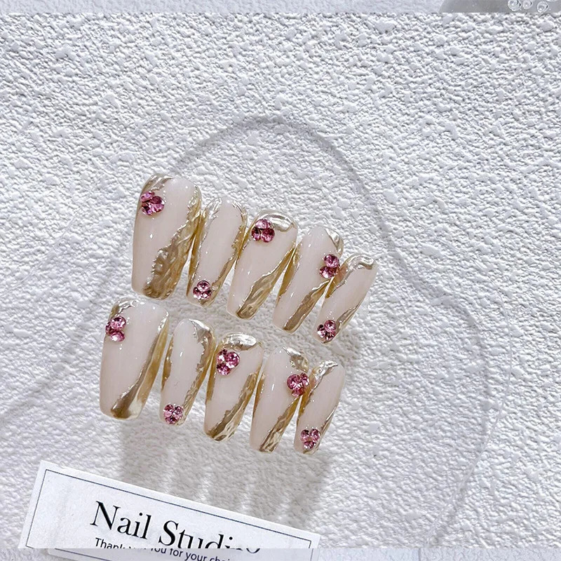 Champagne Color Rhinestone Girl Feeling Pure Desire Irregular Magic Mirror Powder Pile Handmade Press On NailsNo24236 240430