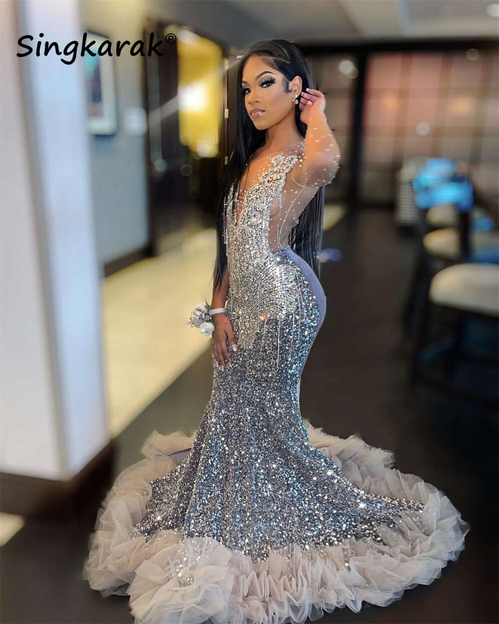 Sparkly Dias Prom Dress 2024 For Black Girls Mesh Sleeves Glitter Crystal Ruffle Bead Evening Party Gown Robe