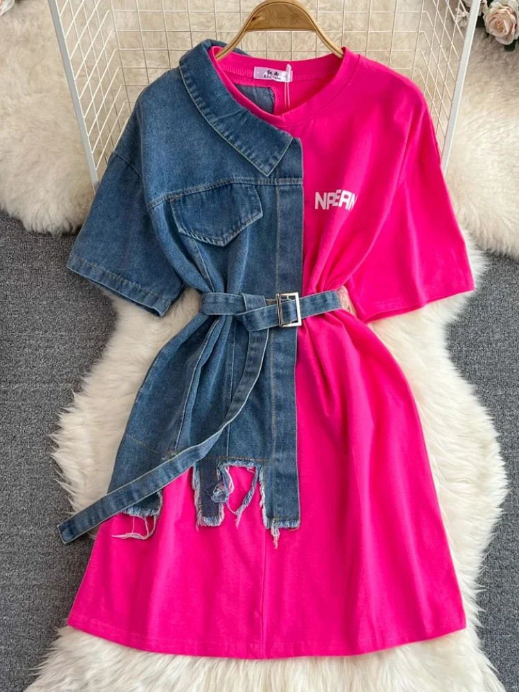 Women Summer Casual T Shirt Short Sleeve Streetwear Patchwork Denim Long Shirts Female O-neck Slim Jeans Tops 240510