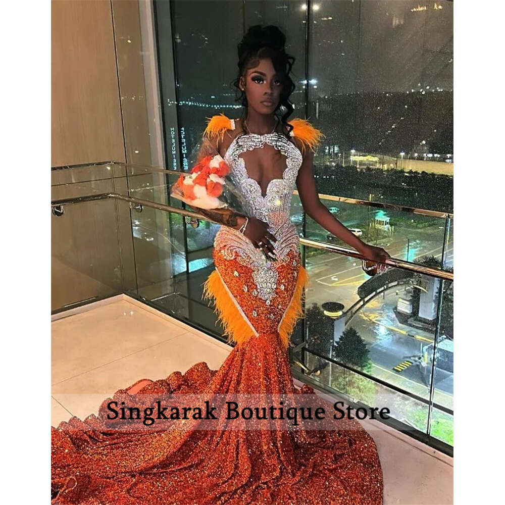Sparkly Orange Prom Dress 2024 Glitter Crystal Beads Rhies Feathers Sequins special Party Evening Gown Robe