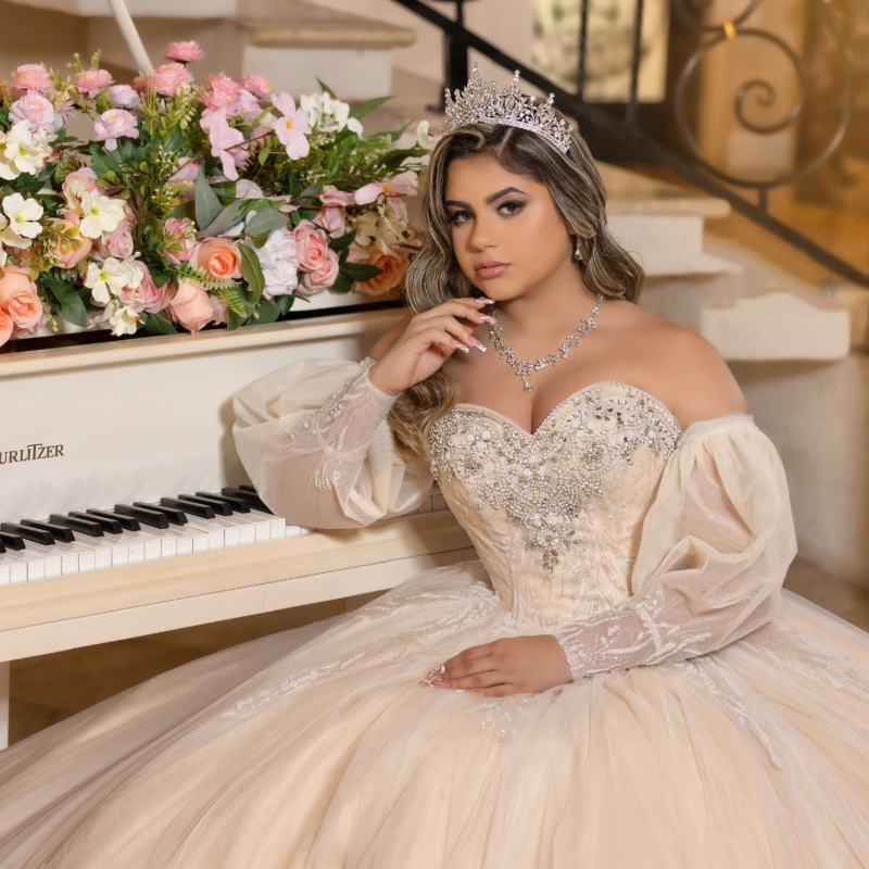 Champagne Off The Shoulder Ball Gown Quinceanera Dresses Puff Sleeve Sequined Appliques Lace Beads Tull Corset Vestidos De 15
