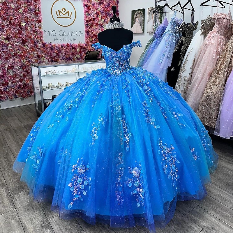 Blue Glitter Ball Gown Quinceanera Dresses Off The Shoulder Applique Lace Crystal Beading Tull Party Birthday Corset Vestidos De 15 Anos Sweet 16 Dres