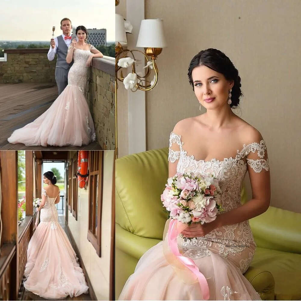 Gorgeous Blush Pink Mermaid Wedding Dresses Elegant Off Shoulder Appliqued Tulle Trumpet Bridal Gowns With Lace -Up Back Z45 0510