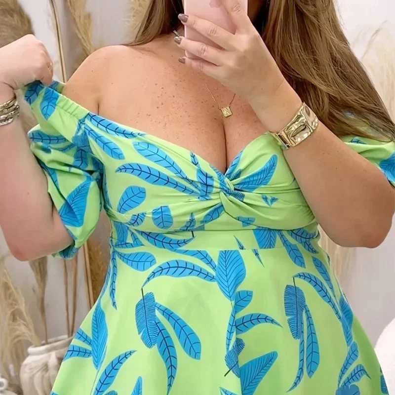 Plus size Dresses KUCLUT Womens Plus Size Mini Dress Summer Casual Loose Ruffled Waist Fit Print V-neck Short Puff Slive Dress Y240510