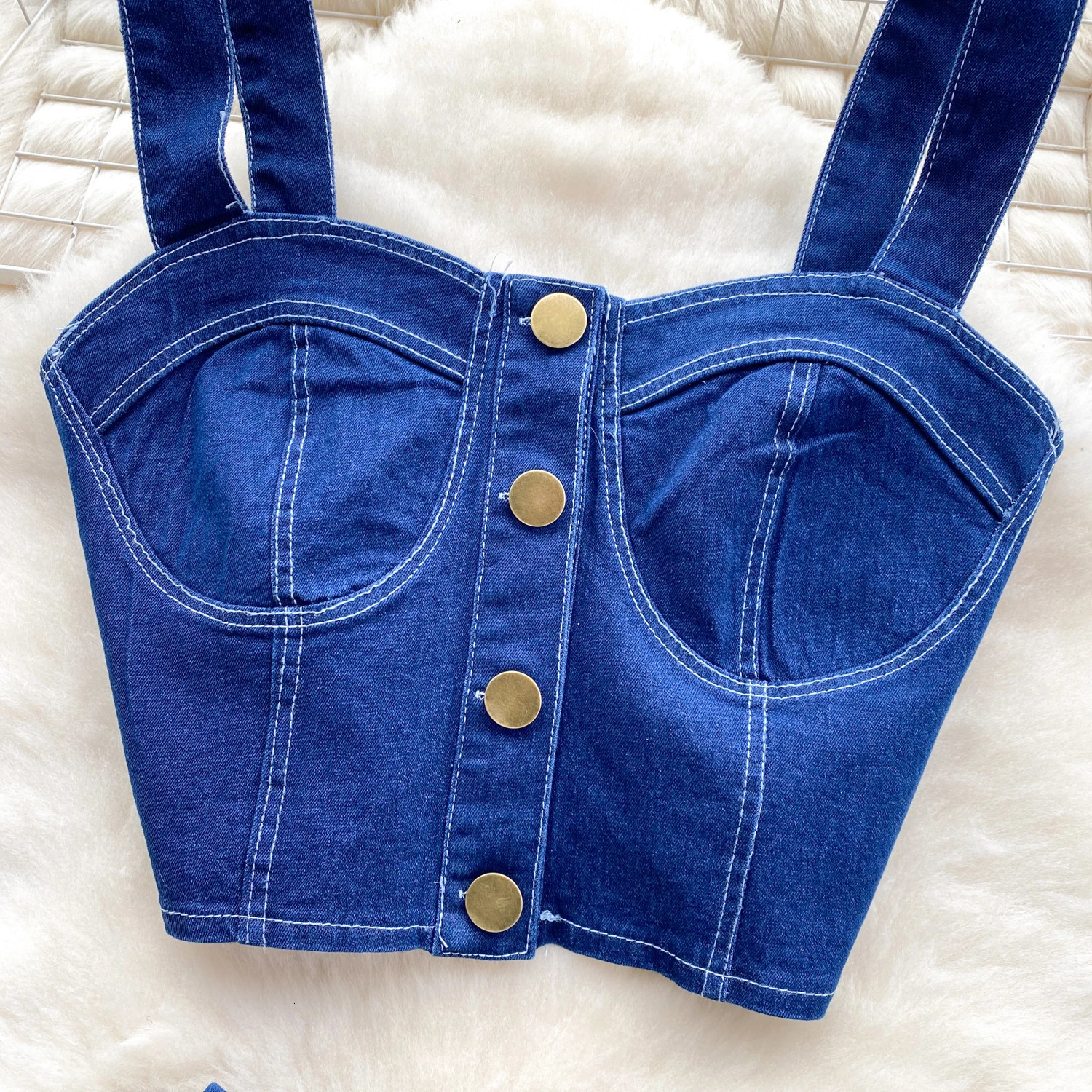 Women Jeans Matching Suits 2 Pieces Sets Woman Denim Straps Tops Pleated Mini Skirt Suit Female Clothing 240509