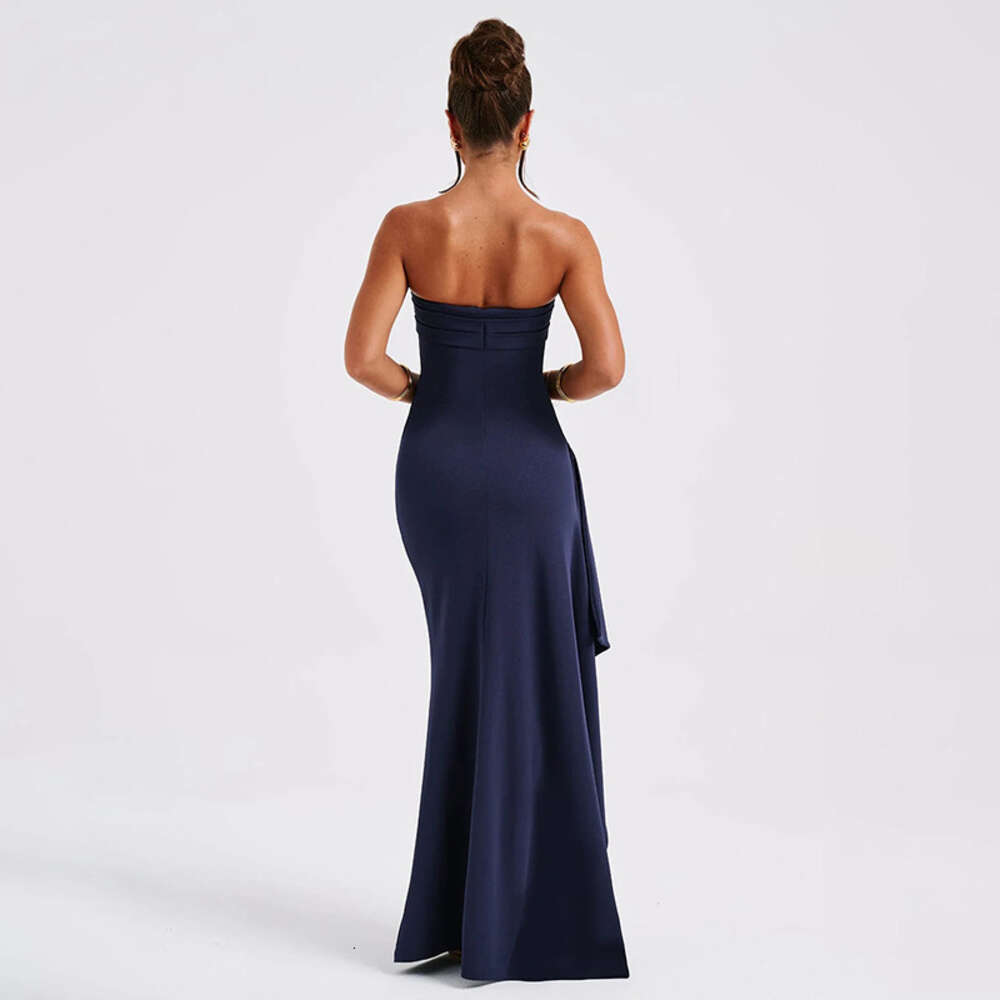Evening women's one line neckline strapless dress, fashionable and sexy backless high slit long skirt, autumn F51044