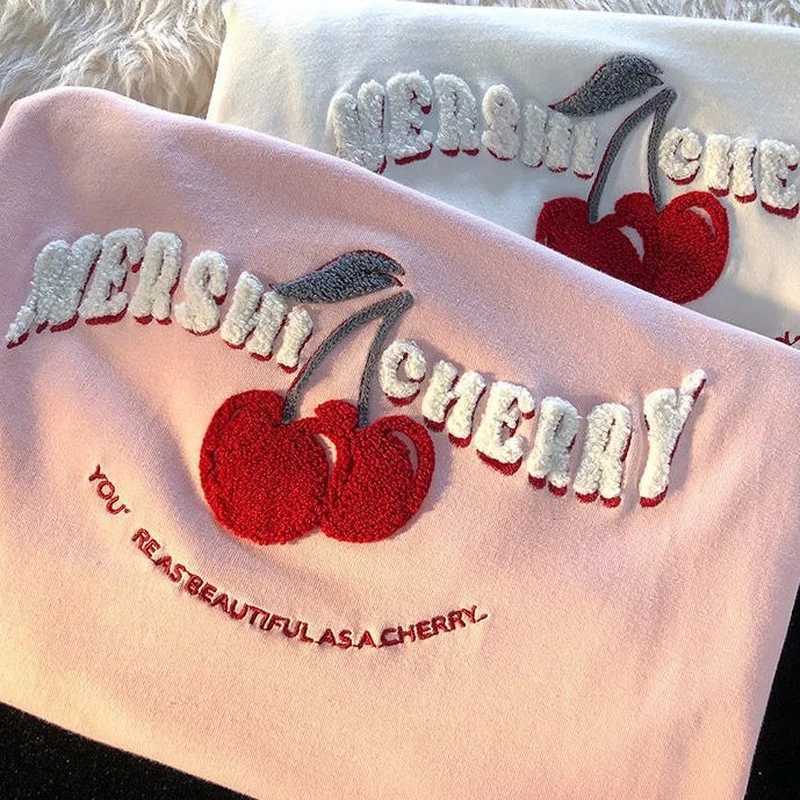 Women's T-Shirt Fashion Korean Brand Chic Flock Cherry Embroidery T Shirts Kawaii Girls Tops 2022 Summer Large 3XL Harajuku Oversized Tns Y240509