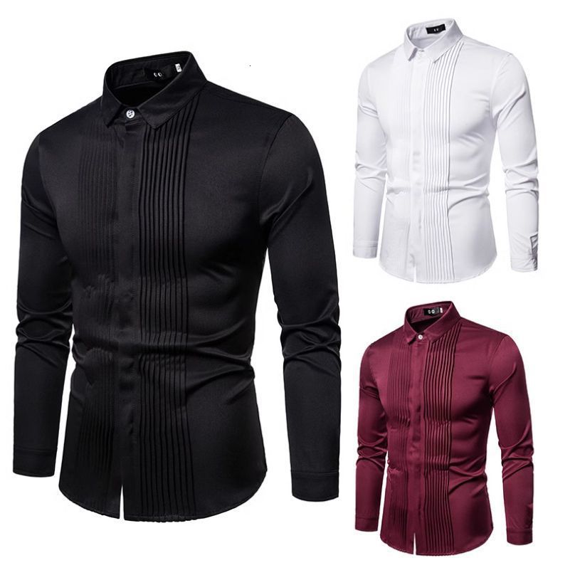 New mens long sleeved shirt British style lapel pleated mens uniform dress shirt bottom shirt 220322