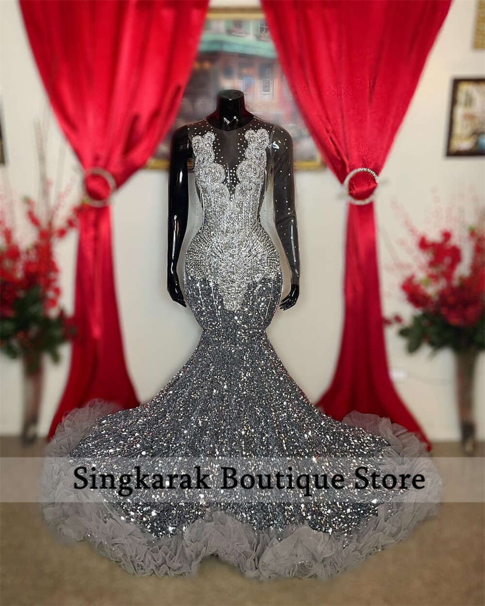 Sparkly Dias Prom Dress 2024 For Black Girls Mesh Sleeves Glitter Crystal Ruffle Bead Evening Party Gown Robe