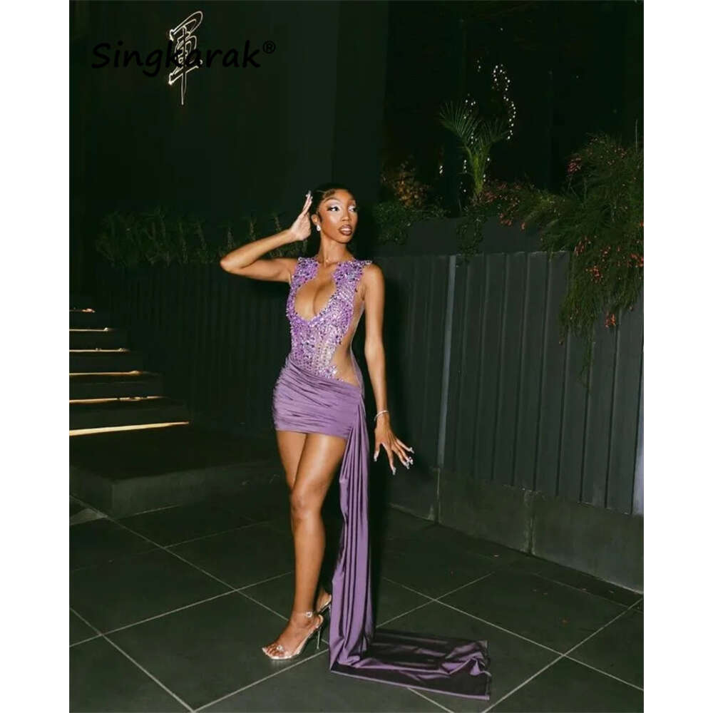 Glitter Lavender Purple Dias Prom Dresses Veet Rhies Beaded Crystals Birthday Party Gown tail Robe De Bal
