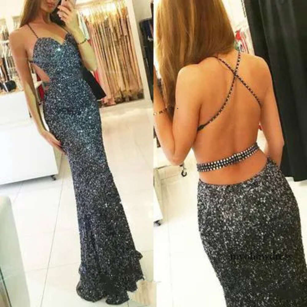 Sparkling Sequined Backless Prom Dresses Spaghetti Mermaid Pageant Party Dress Evening Gowns Vestido De Festa Open Back Beaded Cross Straps 0510