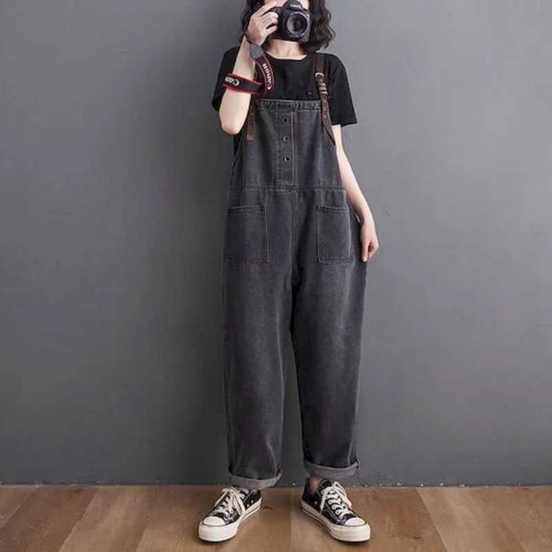 Women's Jumpsuits Rompers Black Denim Jumpsuits for Women Korean Style Solid Playsuit Wide Leg Pants Loose Trousers Oversized Overalls for Women 