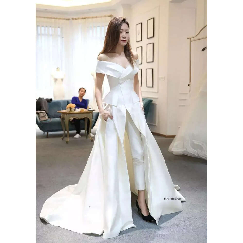 Simple Custom Made Off Shoulder Short Sleeves Bridal Jumpsuits Pants Overskirt Wedding Gowns Formal Guest Dresses 38 0510