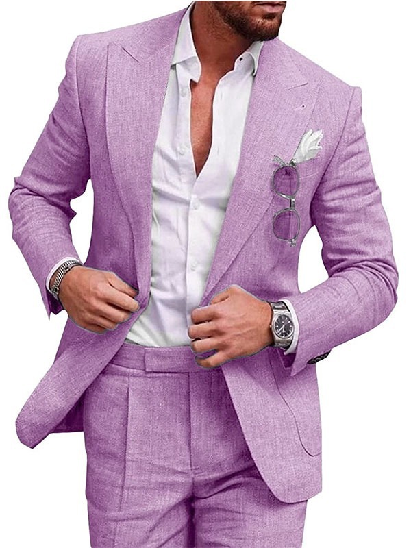 Mens Linen Suits for Beach Slim Fit 2 Piece Wedding Tuxedo for Men Attire Casual Summer Groomsmen Suit Holiday Party Marriage One Button