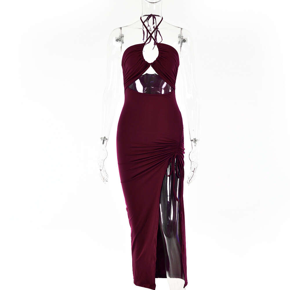INS Spring New Sexy Spicy Girl High Split Wrinkle Hanging Neck Style Elegant Chest Show Long Dress F51033
