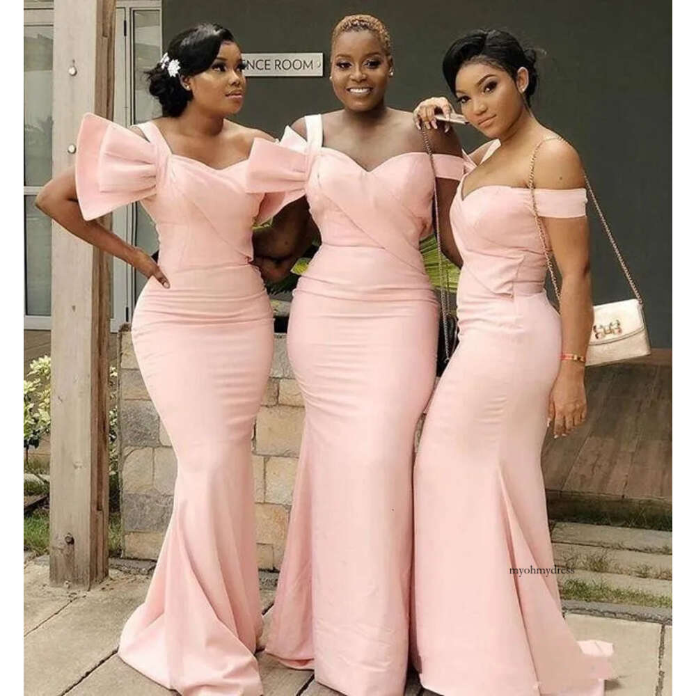 Elegant Off-Shoulder Nigerian Pink Bridesmaid Floor Length Long Satin Evening Custom Made Maid Of Honor Dresses A68 0510