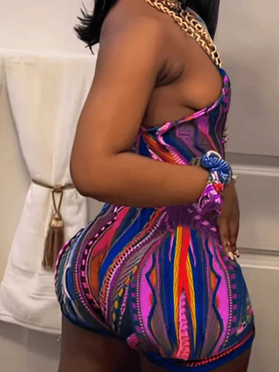 LW Asymmetrical Neck Multicolor Bodysuits One Shoulder Tribal Mixed Print Romper Sleeveless Stretch Slim Pullover Jumpsuits 240423