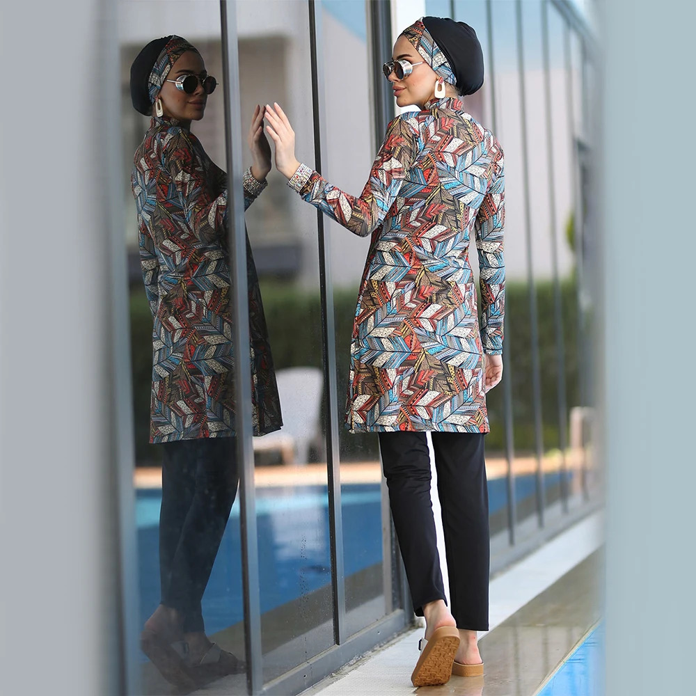3 PcsSet Muslim Swimsuit Womens Printed Stretch Full Coverup Islamic Clothe Hijab Long Sleeve Sports Swimsuit Swimsuit 240419