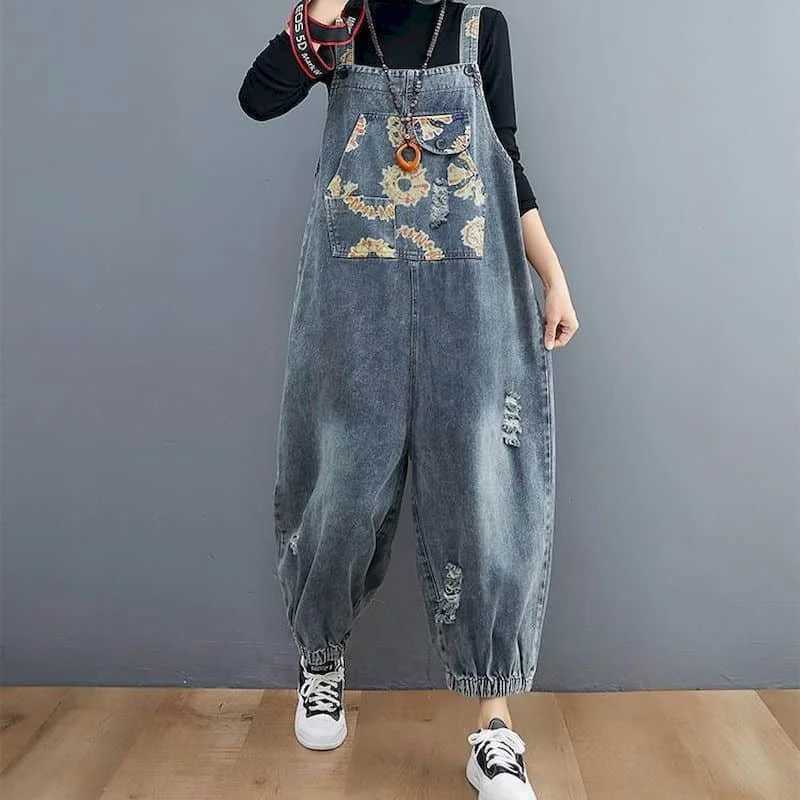 Women's Jumpsuits Rompers Denim Jumpsuits Women Casual Lantern Pants One Piece Outfits Women Rompes Loose Korean Style Vintage Playsuits Women Cl