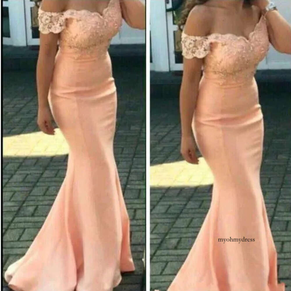 2020 Peach Mermaid Bridesmaid For Weddings Lace Appliques Wedding Guest Dresses Maid Of Honor Dress Off The Shoulder Custom Made 0510