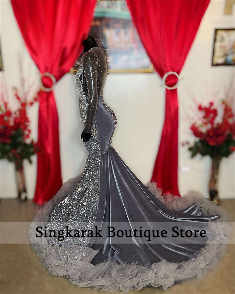 Sparkly Dias Prom Dress 2024 For Black Girls Mesh Sleeves Glitter Crystal Ruffle Bead Evening Party Gown Robe