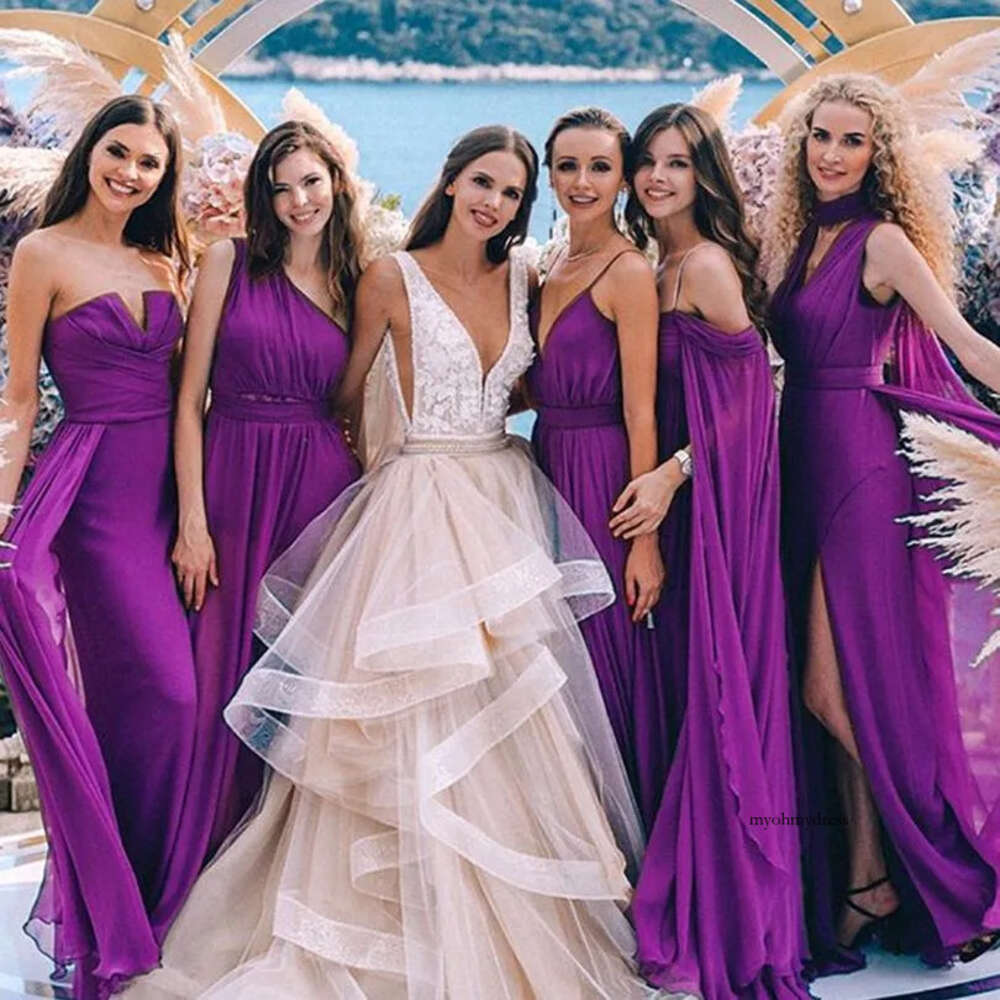 Purple Long Bridesmaid For Girls Wedding Party Dresses Floor Length Mixed Style Chiffon Maid Of Honor Gowns Custom Made 0510